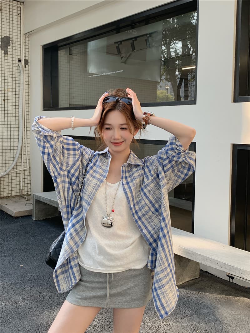 실사 정가 한국 스타일 봄 여름 루즈핏 다용도 긴팔 격자 무늬 셔츠 상세 이미지 3