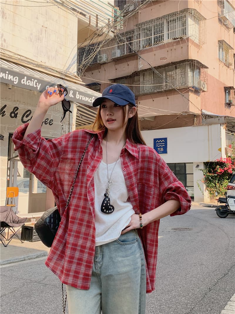 실사 정가 한국 스타일 새로운 루즈핏 다용도 긴팔 격자 무늬 셔츠 이미지 2