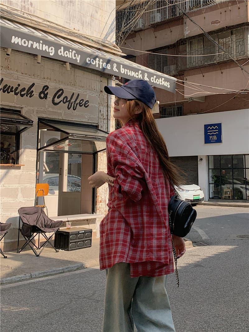 실사 정가 한국 스타일 새로운 루즈핏 다용도 긴팔 격자 무늬 셔츠 상세 이미지 11