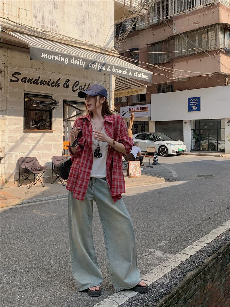 실사 정가 한국 스타일 새로운 루즈핏 다용도 긴팔 격자 무늬 셔츠 상세 이미지 12
