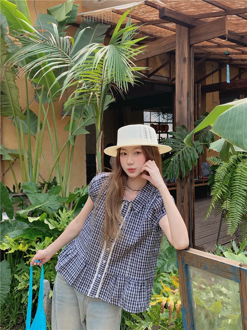 실사 한 부서 미니멀리즘 다용도 레이스 측면 반팔 격자 무늬 셔츠