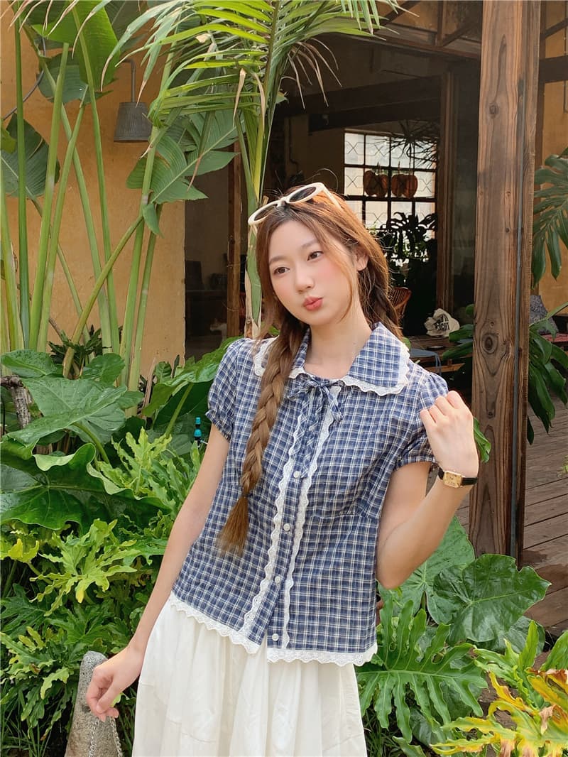 한 부서 작은 청신 디자인 센스 레이스 슬림해 보이는 체크무늬 반팔 맨위 여성 상세 이미지 6