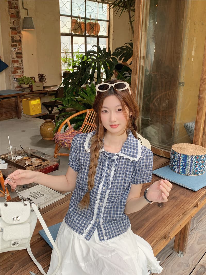 한 부서 작은 청신 디자인 센스 레이스 슬림해 보이는 체크무늬 반팔 맨위 여성 상세 이미지 12