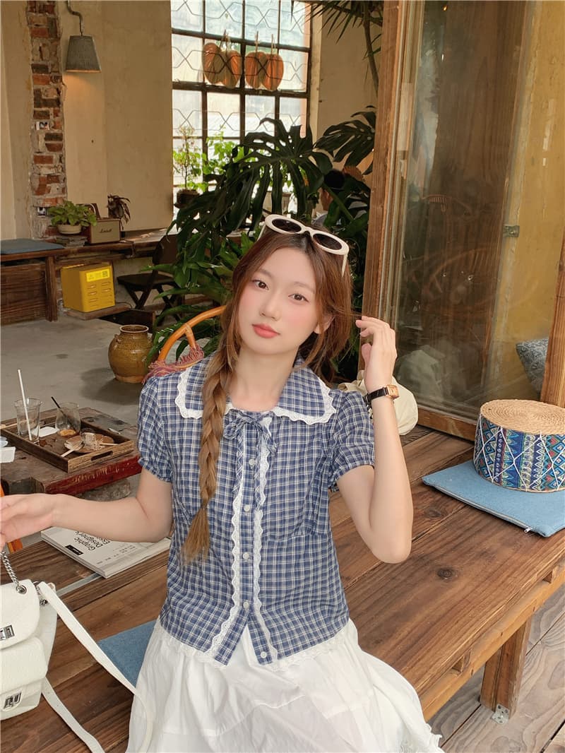 한 부서 작은 청신 디자인 센스 레이스 슬림해 보이는 체크무늬 반팔 맨위 여성 상세 이미지 13