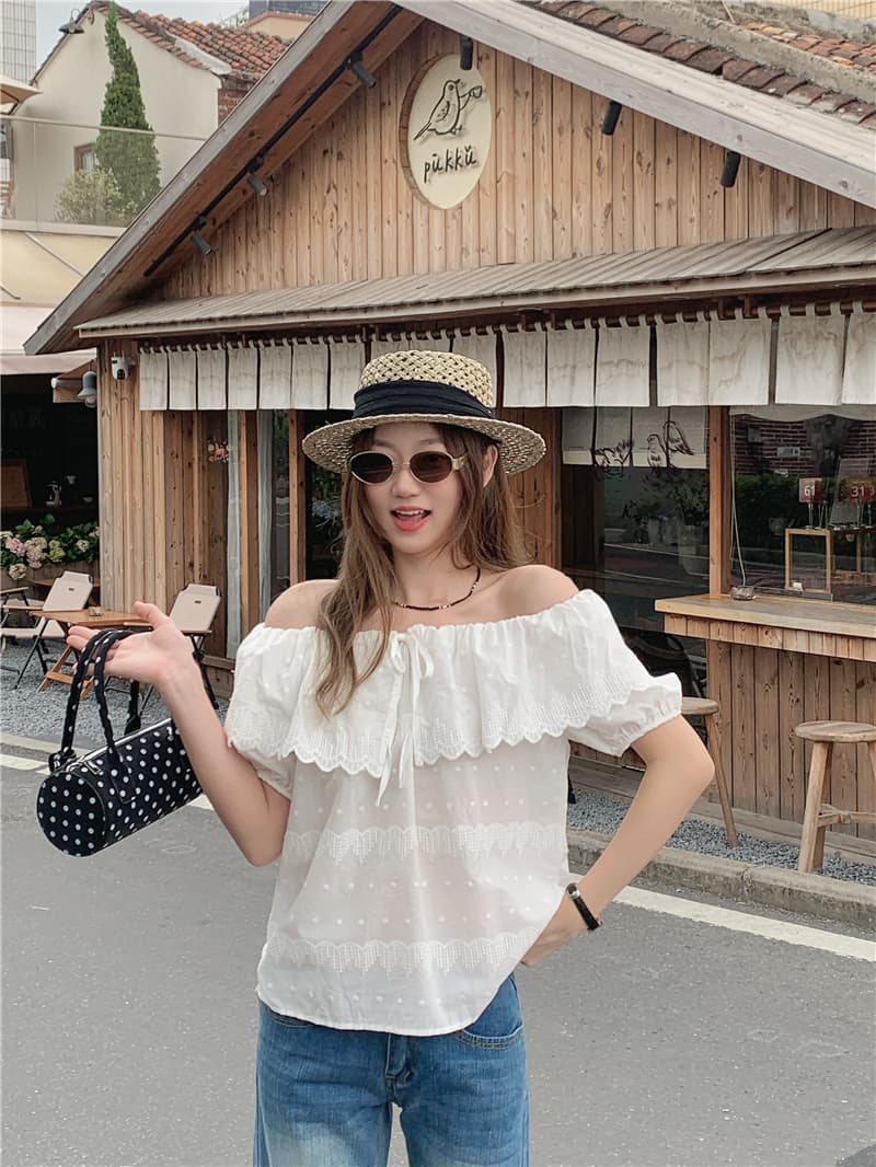 실사 여름 새로운 한국 스타일 달콤함 프릴 베이비 칼라 레이스업 버블 반팔 셔츠 여성 셔츠 작은 셔츠