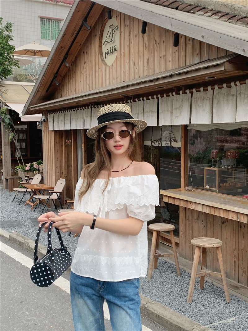 실사 여름 새로운 한국 스타일 달콤함 프릴 베이비 칼라 레이스업 버블 반팔 셔츠 여성 셔츠 작은 셔츠 상세 이미지 1