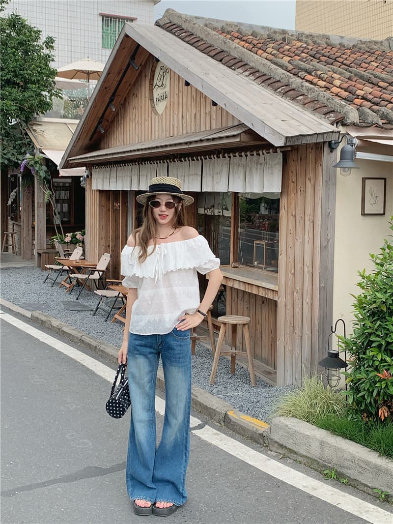 실사 여름 새로운 한국 스타일 달콤함 프릴 베이비 칼라 레이스업 버블 반팔 셔츠 여성 셔츠 작은 셔츠 상세 이미지 5