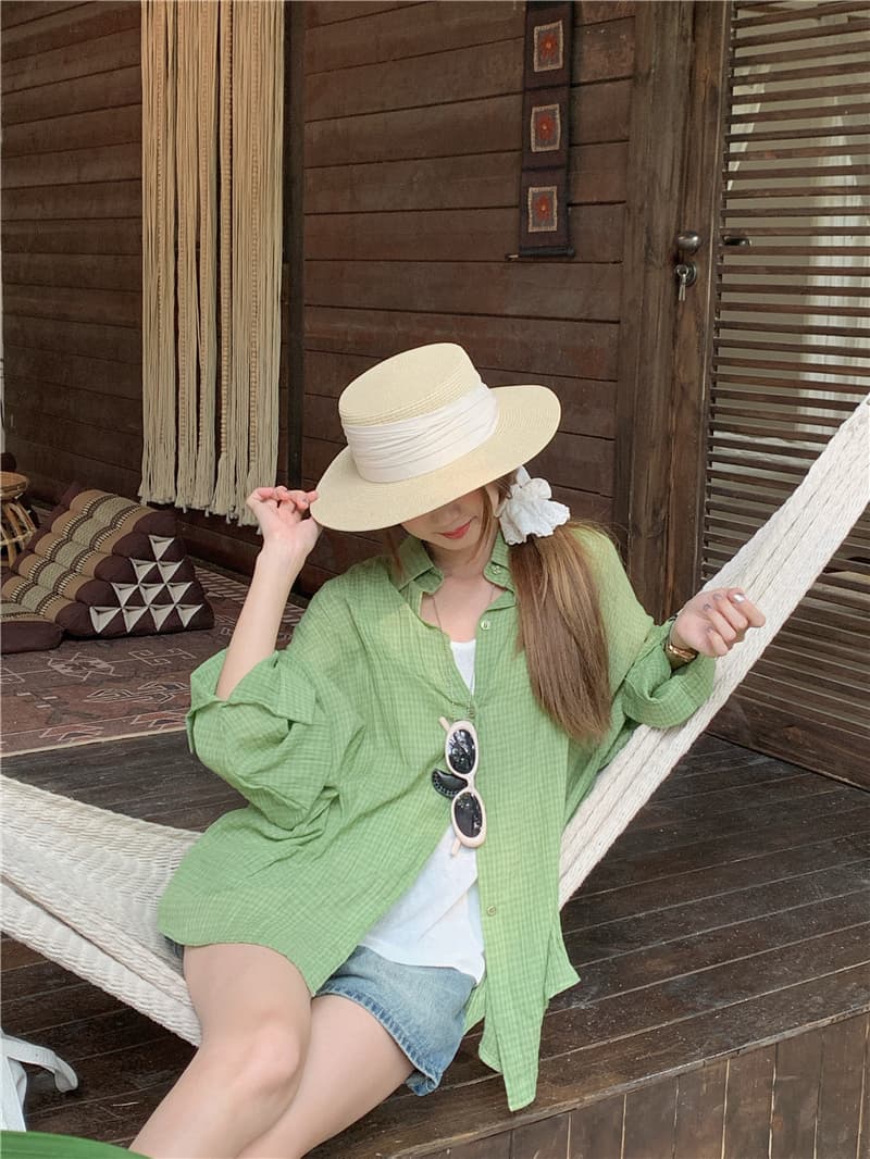 실사 한국 스타일 루즈핏 다용도 캐주얼 느긋한 바람 체크무늬 긴팔 셔츠 태양 보호 셔츠 이미지 4