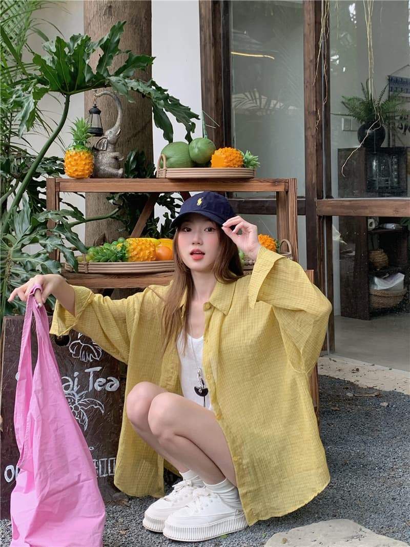 실사 한국 스타일 루즈핏 다용도 캐주얼 느긋한 바람 체크무늬 긴팔 셔츠 태양 보호 셔츠 상세 이미지 4
