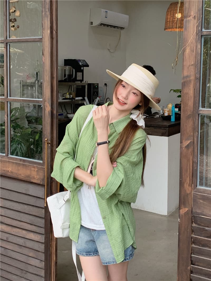 실사 한국 스타일 루즈핏 다용도 캐주얼 느긋한 바람 체크무늬 긴팔 셔츠 태양 보호 셔츠 상세 이미지 14