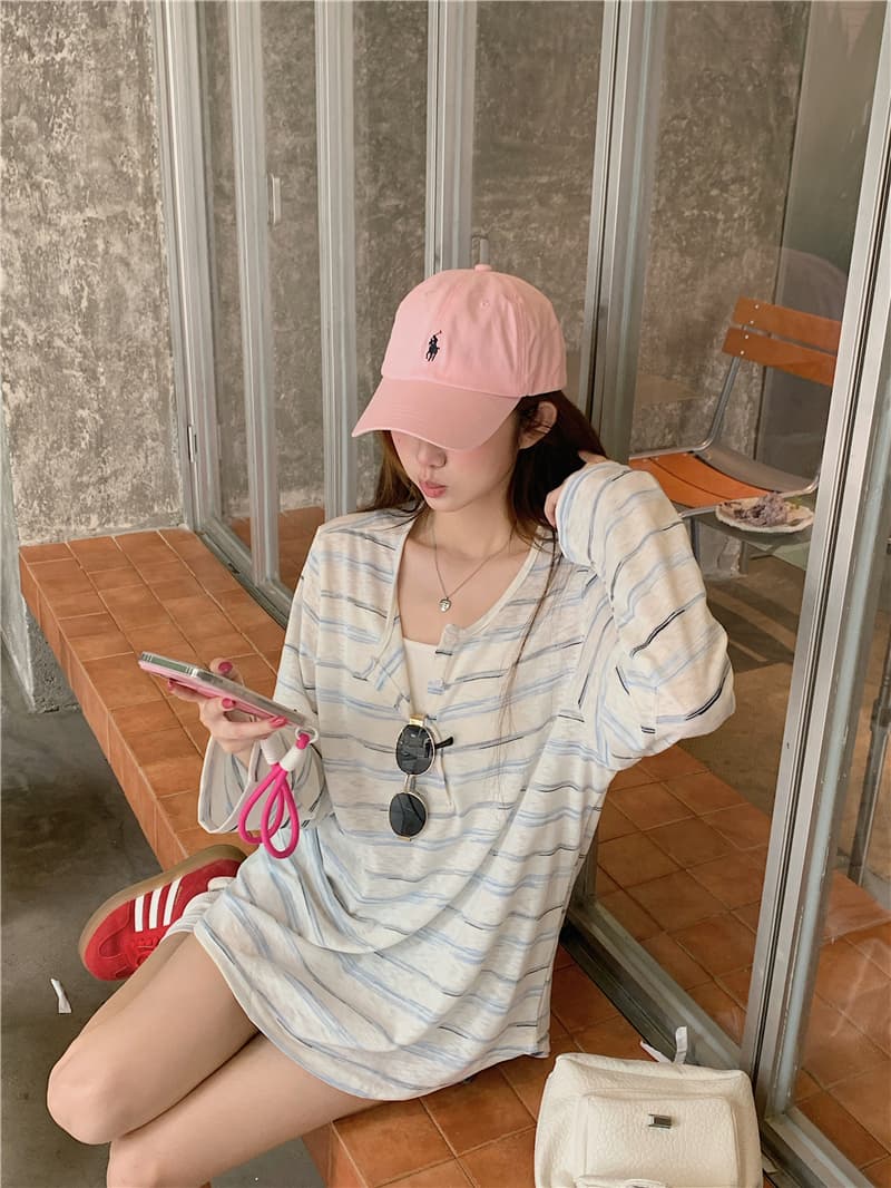 실사 새로운 느긋한 바람 얇은 스타일 스트라이프 자외선 차단 긴팔 티셔츠 루즈핏 느슨함 센스 맨위 상세 이미지 6