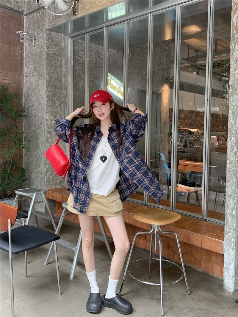 실사 정가 한국 스타일 새로운 루즈핏 다용도 긴팔 격자 무늬 셔츠 태양 보호 셔츠 이미지 3