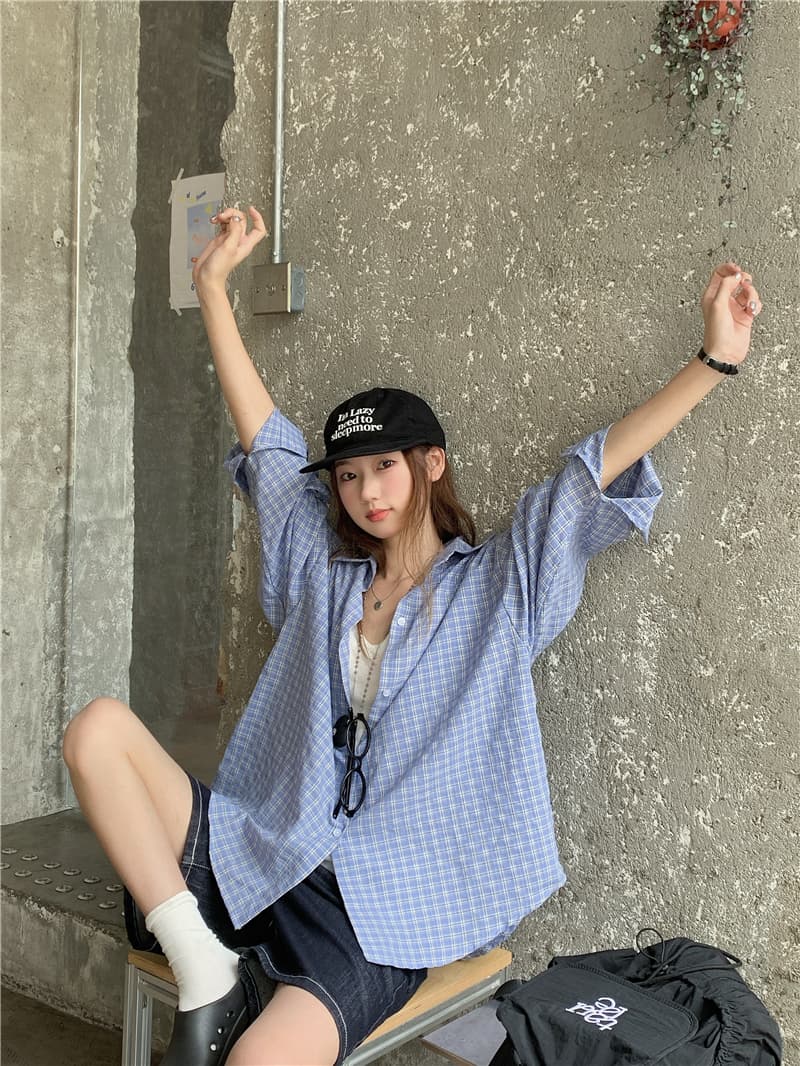 실사 한국 스타일 루즈핏 다용도 긴팔 격자 무늬 셔츠