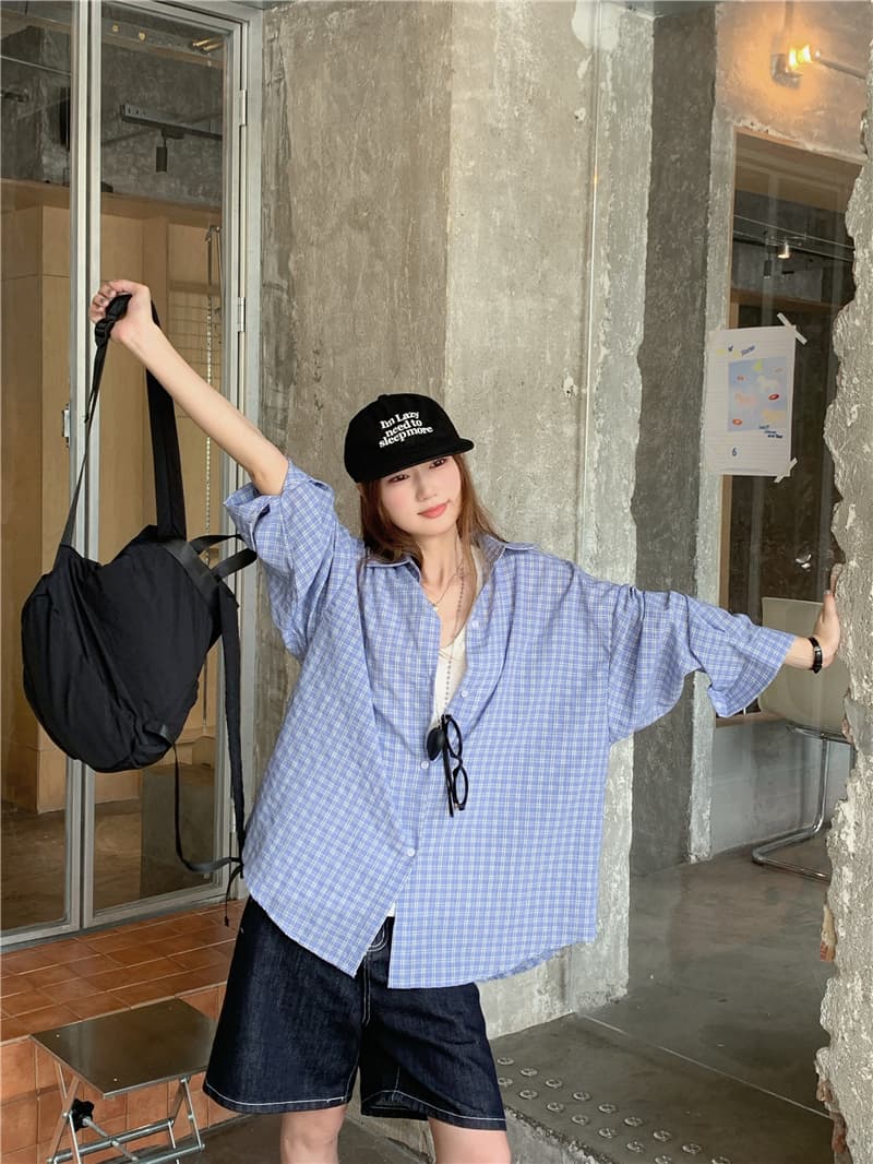실사 한국 스타일 루즈핏 다용도 긴팔 격자 무늬 셔츠 상세 이미지 4