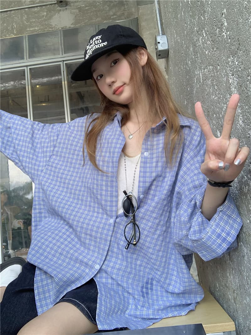 실사 한국 스타일 루즈핏 다용도 긴팔 격자 무늬 셔츠 상세 이미지 11