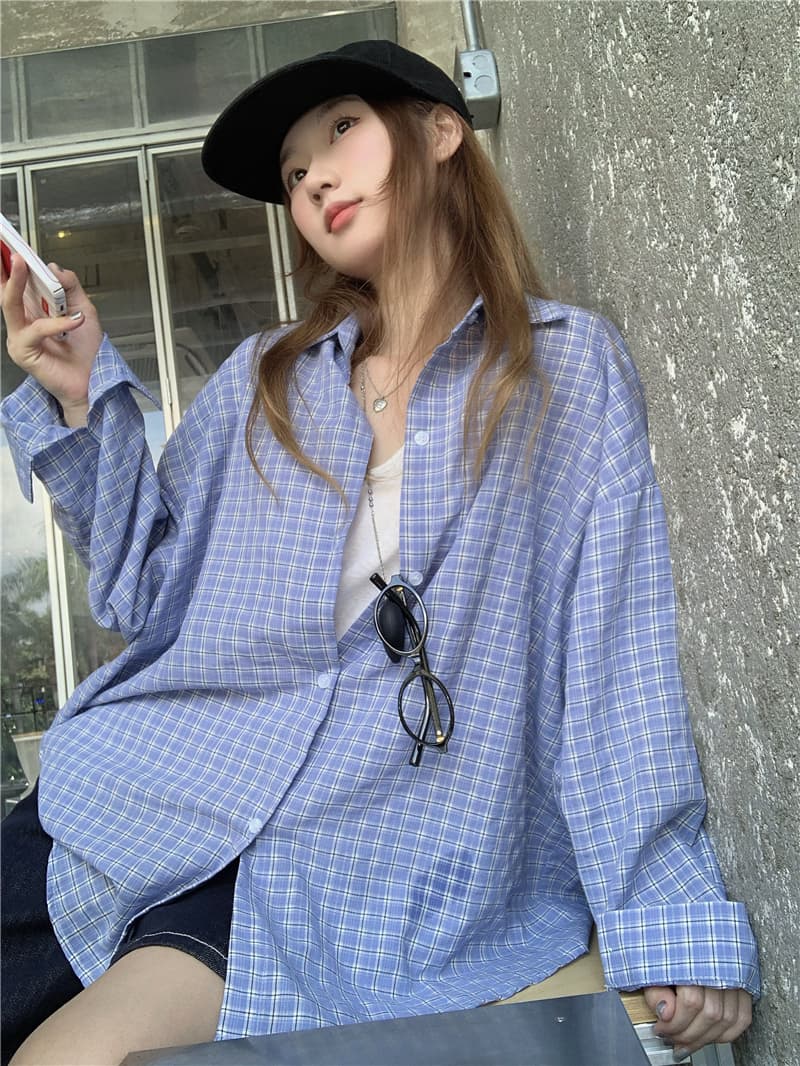실사 한국 스타일 루즈핏 다용도 긴팔 격자 무늬 셔츠 상세 이미지 12