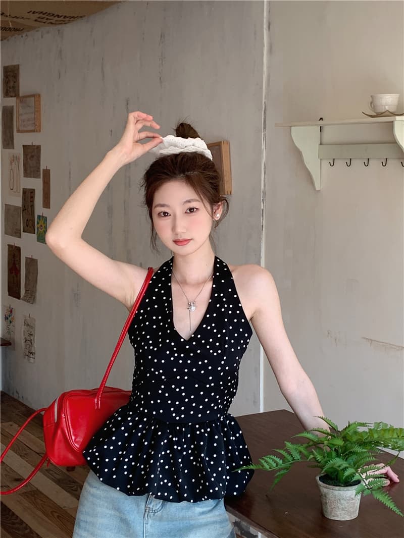 실사 정가 캐미솔 새로운 몸매 가꾸기 슬림해 보이는 행침 목 도트 무늬 민소매 맨위