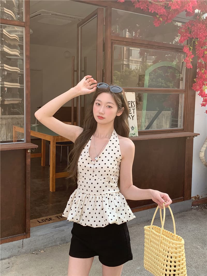 실사 정가 캐미솔 새로운 몸매 가꾸기 슬림해 보이는 행침 목 도트 무늬 민소매 맨위 이미지 3