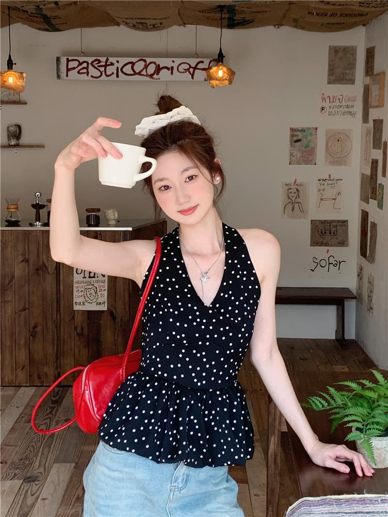 실사 정가 캐미솔 새로운 몸매 가꾸기 슬림해 보이는 행침 목 도트 무늬 민소매 맨위 상세 이미지 5