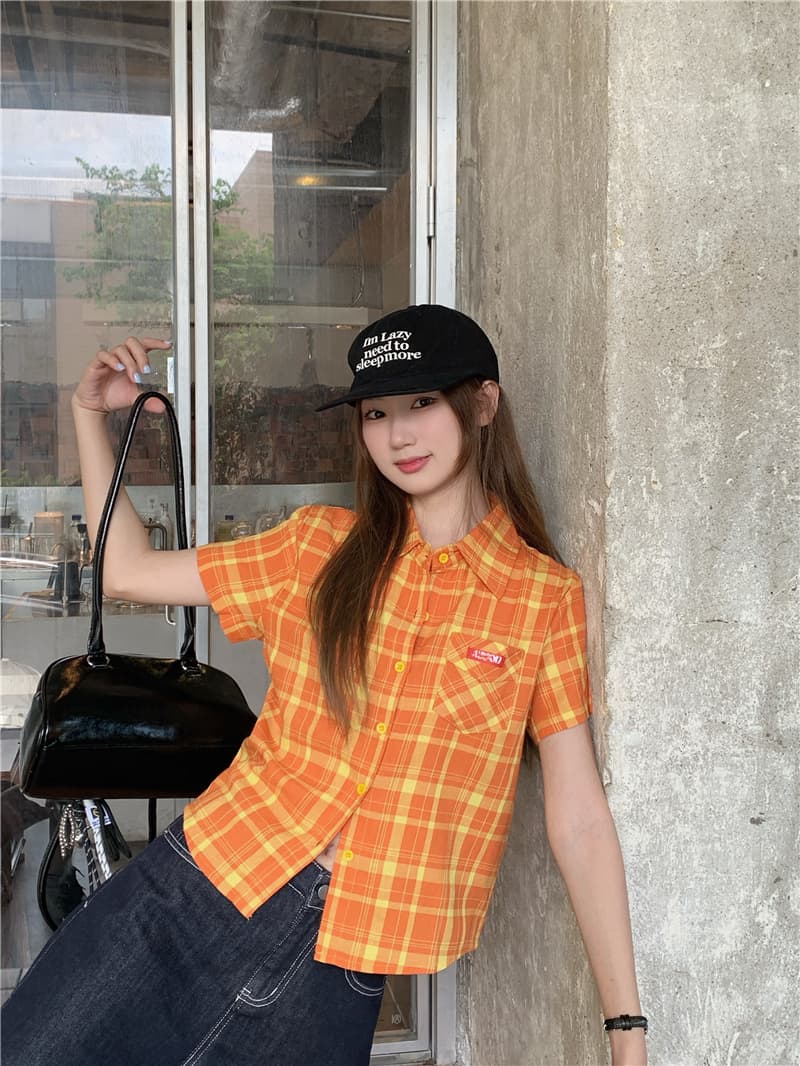 실사 여름 아메리칸 레트로 디자인 센스 반팔 격자 무늬 셔츠 상세 이미지 12