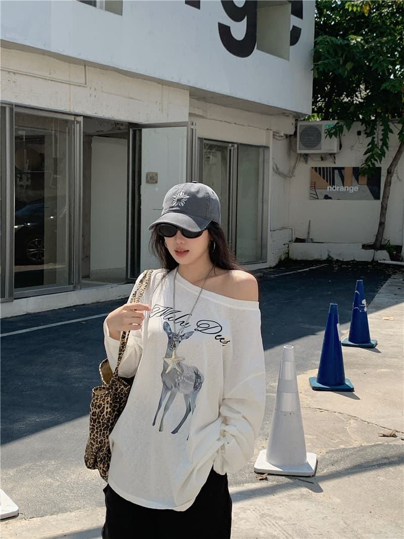 실사 한국 스타일 루즈핏 다용도 알파벳 작은 사슴 프린트 오프숄더 비스듬한 어깨 긴팔 티셔츠 자외선 차단 블라우스