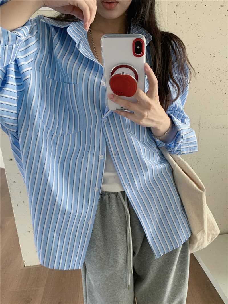 실사 한국 스타일 캐주얼 루즈핏 다용도 긴팔 스트라이프 셔츠 태양 보호 셔츠 상세 이미지 4