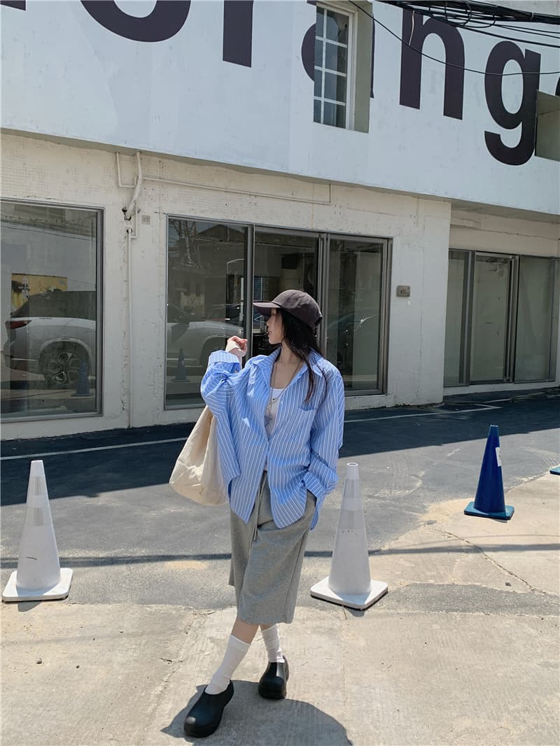 실사 한국 스타일 캐주얼 루즈핏 다용도 긴팔 스트라이프 셔츠 태양 보호 셔츠 상세 이미지 11