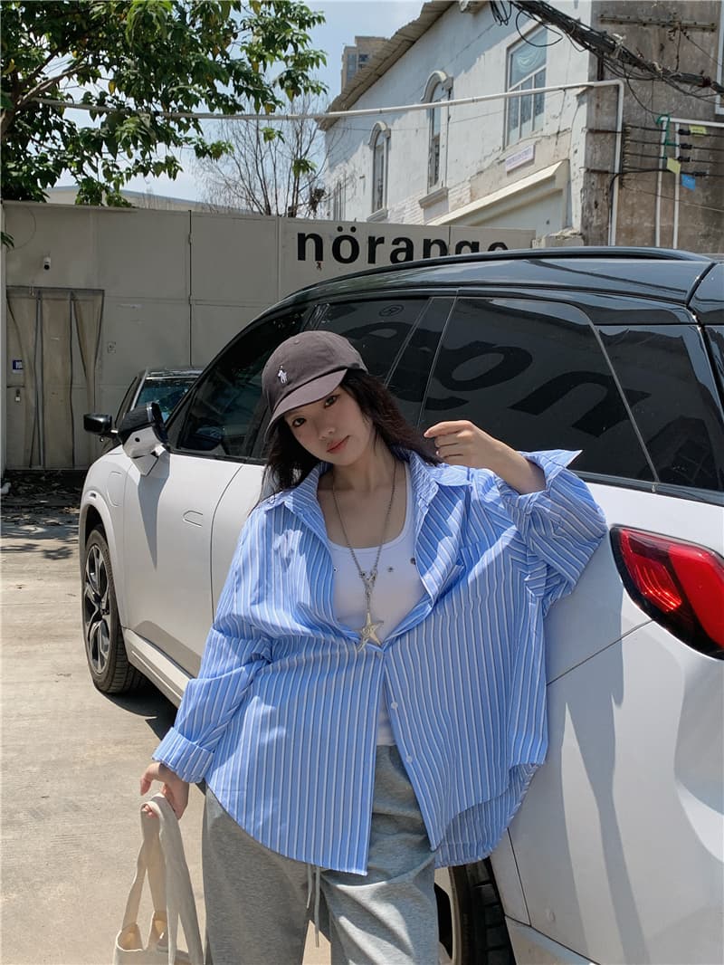 실사 한국 스타일 캐주얼 루즈핏 다용도 긴팔 스트라이프 셔츠 태양 보호 셔츠 상세 이미지 12