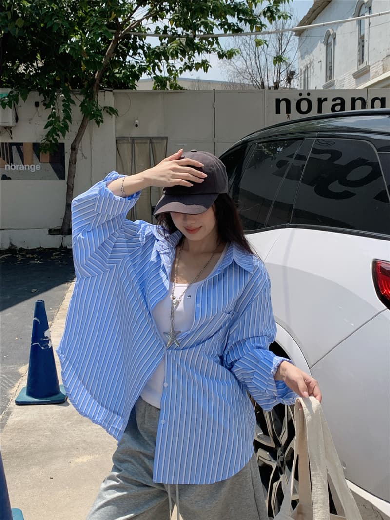 실사 한국 스타일 캐주얼 루즈핏 다용도 긴팔 스트라이프 셔츠 태양 보호 셔츠 상세 이미지 13