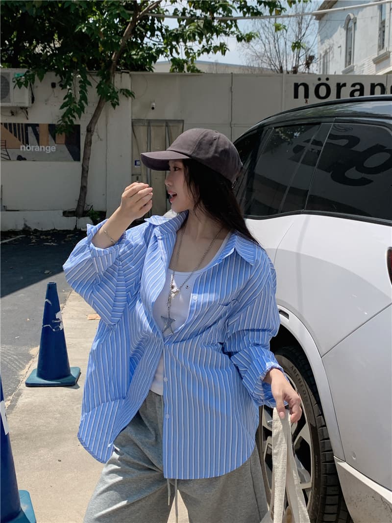 실사 한국 스타일 캐주얼 루즈핏 다용도 긴팔 스트라이프 셔츠 태양 보호 셔츠 상세 이미지 14