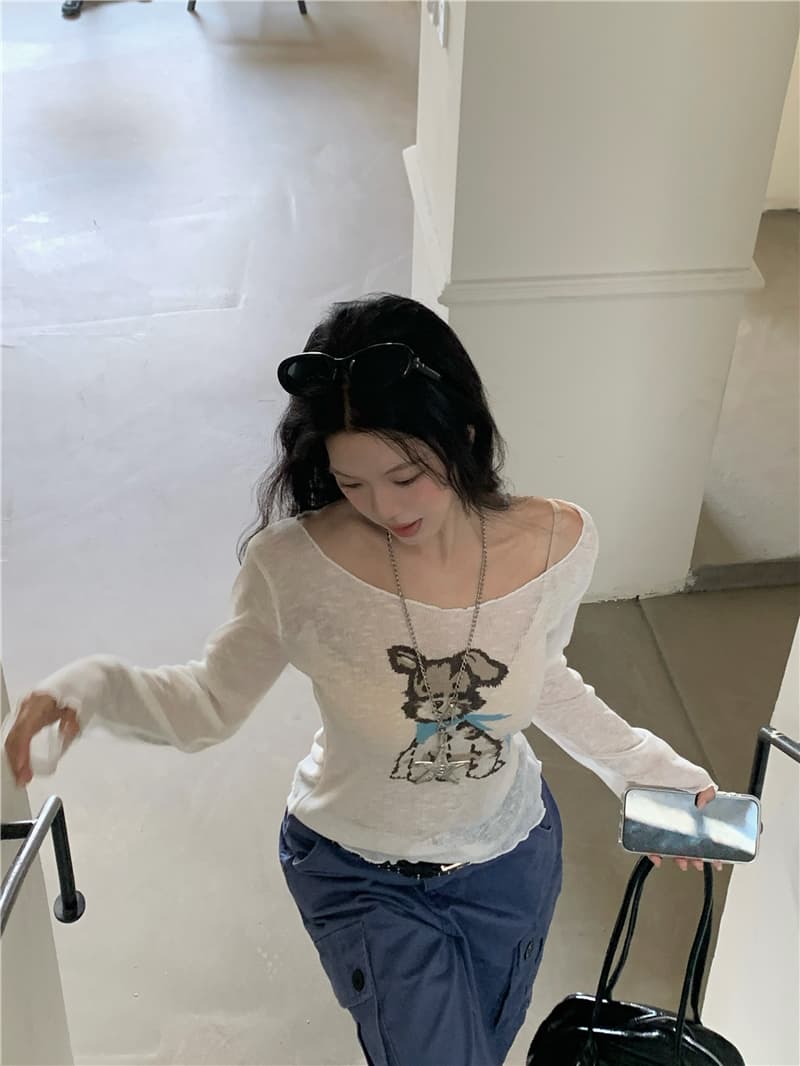 실사 이른 가을 새로운 한국 스타일 캐주얼 라운드 넥 몸매 가꾸기 강아지 패턴 긴팔 니트 티셔츠 이미지 4