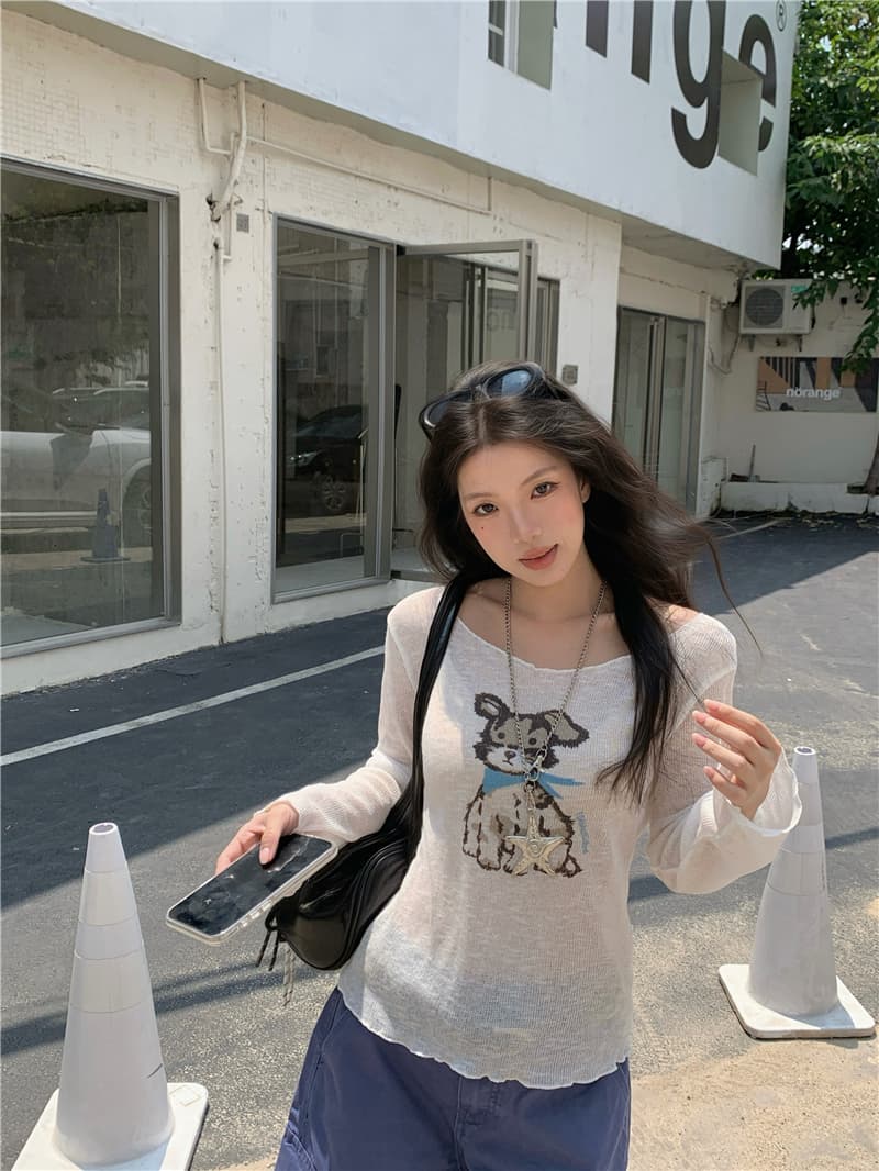 실사 이른 가을 새로운 한국 스타일 캐주얼 라운드 넥 몸매 가꾸기 강아지 패턴 긴팔 니트 티셔츠 상세 이미지 9