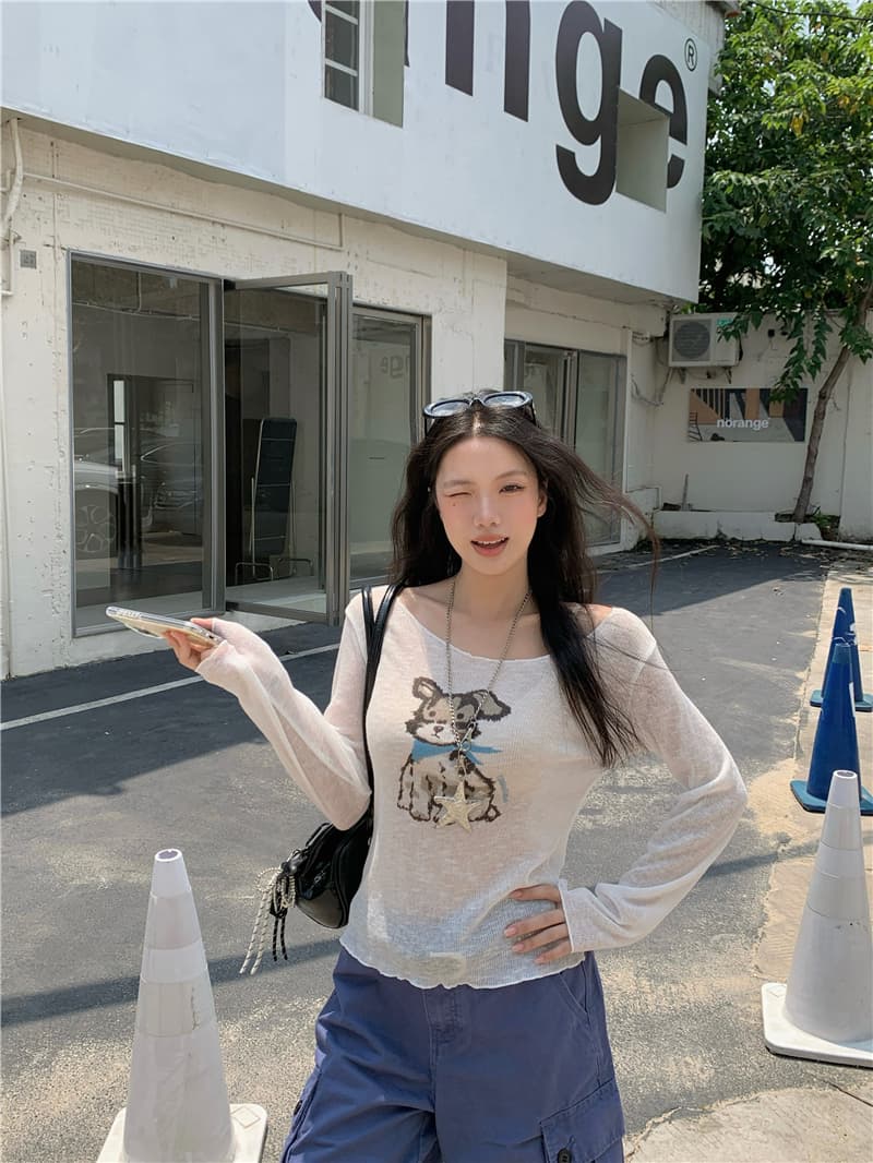 실사 이른 가을 새로운 한국 스타일 캐주얼 라운드 넥 몸매 가꾸기 강아지 패턴 긴팔 니트 티셔츠 상세 이미지 11