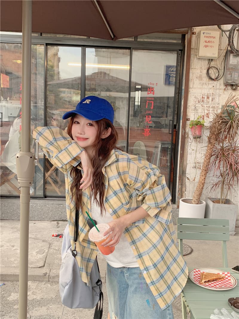 실사 한국 스타일 루즈핏 캐주얼 다용도 배색 체크무늬 긴팔 셔츠 상세 이미지 1