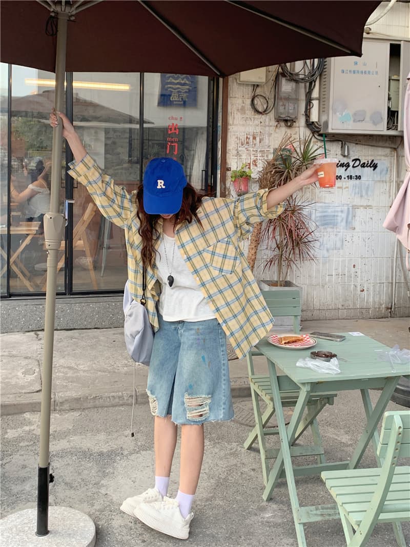 실사 한국 스타일 루즈핏 캐주얼 다용도 배색 체크무늬 긴팔 셔츠 상세 이미지 2