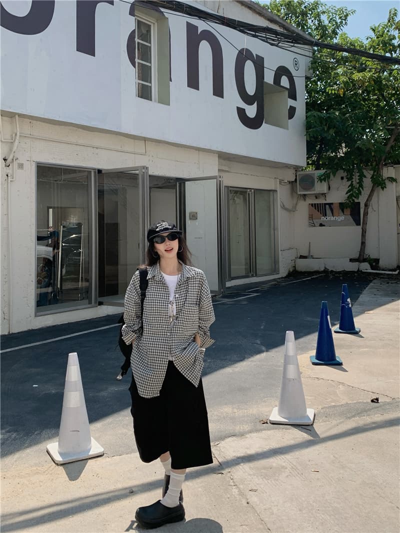 실사 한국 스타일 새로운 루즈핏 다용도 흑인과 백인 체크무늬 긴팔 셔츠 상세 이미지 4