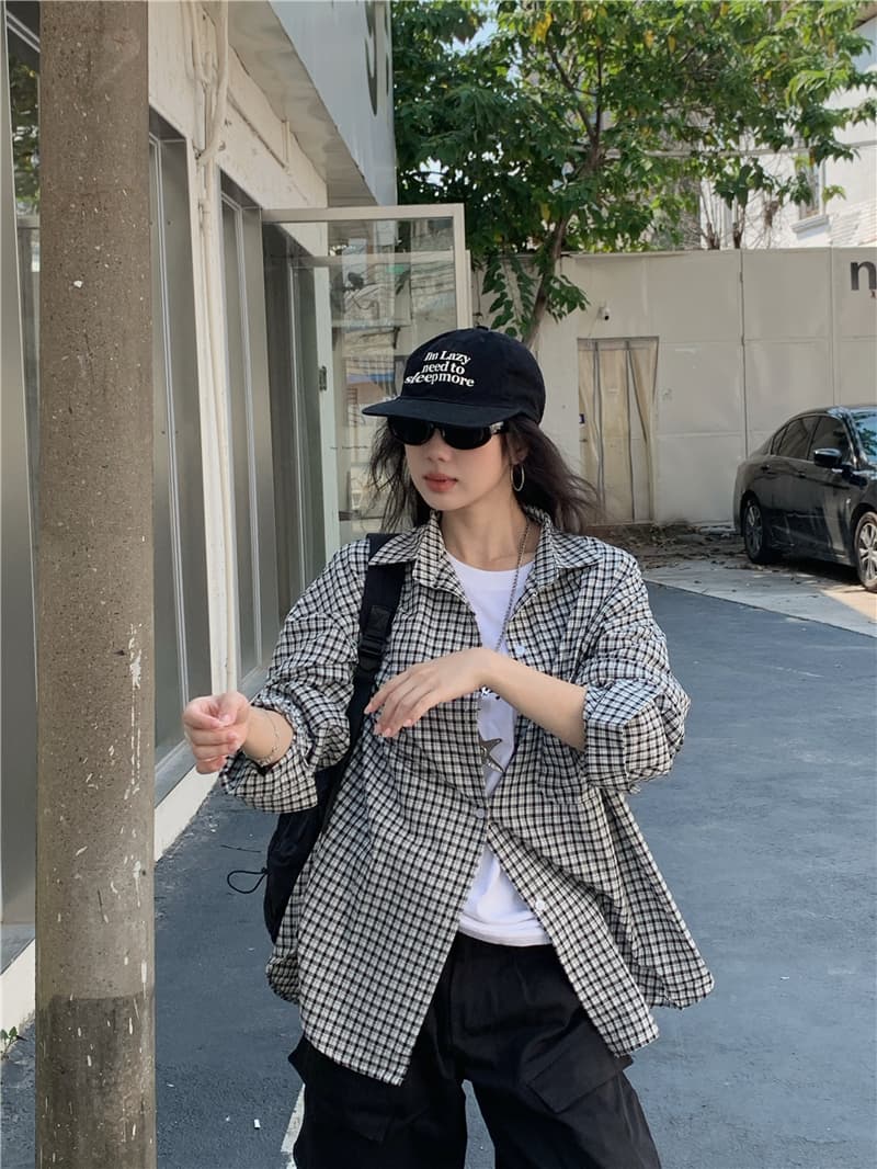 실사 한국 스타일 새로운 루즈핏 다용도 흑인과 백인 체크무늬 긴팔 셔츠 상세 이미지 6