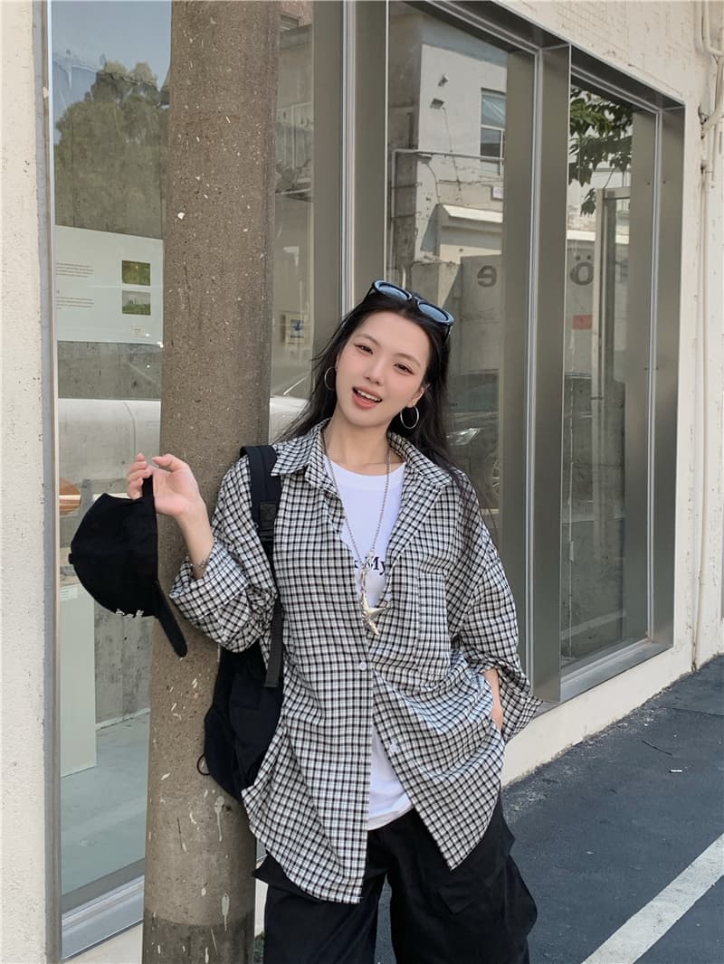 실사 한국 스타일 새로운 루즈핏 다용도 흑인과 백인 체크무늬 긴팔 셔츠 상세 이미지 11