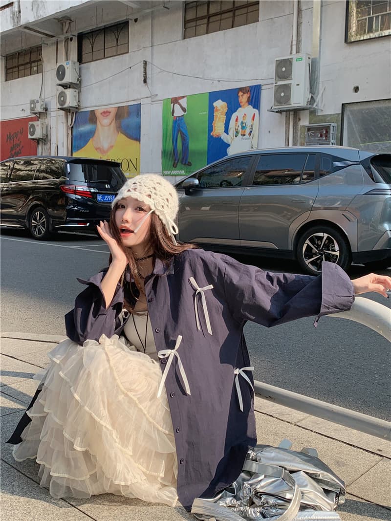 실사 디자인 센스 달콤함 루즈핏 다용도 나비 매듭 긴팔 셔츠 상세 이미지 4