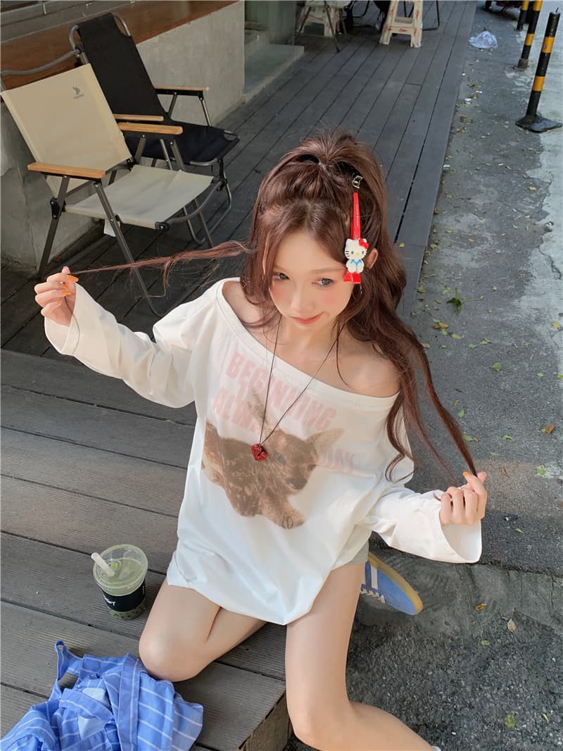 실사 한국 스타일 디자인 센스 동물 프린트 오프숄더 길다 소매 길이 일 건조 티셔츠 이미지 4