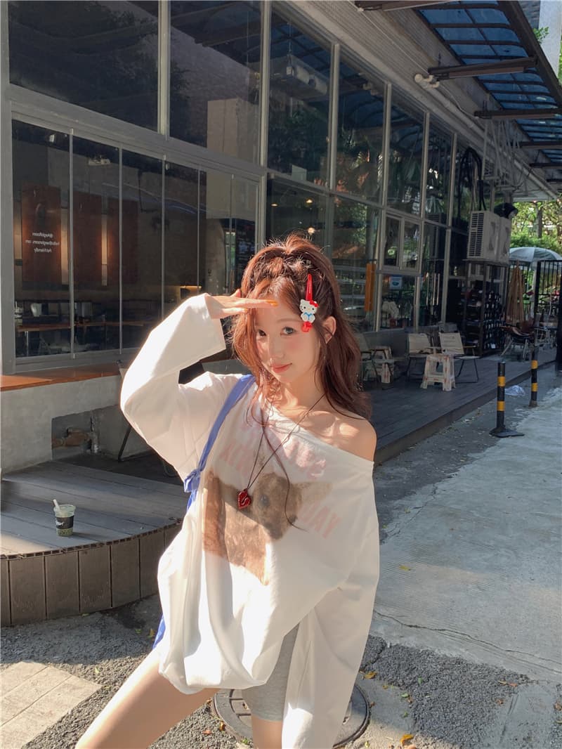 실사 한국 스타일 디자인 센스 동물 프린트 오프숄더 길다 소매 길이 일 건조 티셔츠 상세 이미지 12