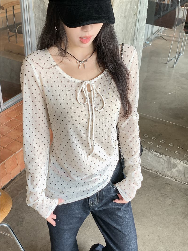 실사 디자인 센스 다용도 레이스업 도트 무늬 긴팔 티셔츠 상세 이미지 4