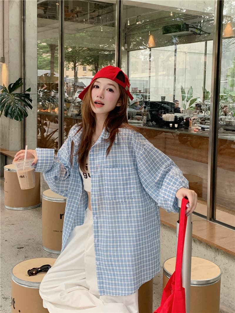 있음 선적 실사 한국 스타일 가을 루즈핏 다용도 긴팔 격자 무늬 셔츠 상세 이미지 10