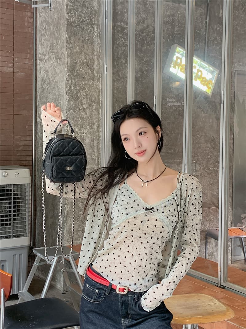 실사 도트 무늬 하트 긴팔 오픈 가디건 여성 레이스 조각 캐미솔 슬림해 보이는 투피스 세트 세트 상세 이미지 1