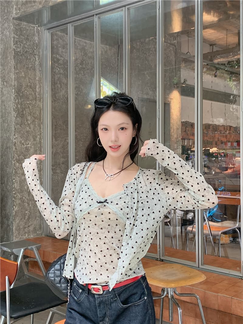 실사 도트 무늬 하트 긴팔 오픈 가디건 여성 레이스 조각 캐미솔 슬림해 보이는 투피스 세트 세트 상세 이미지 2