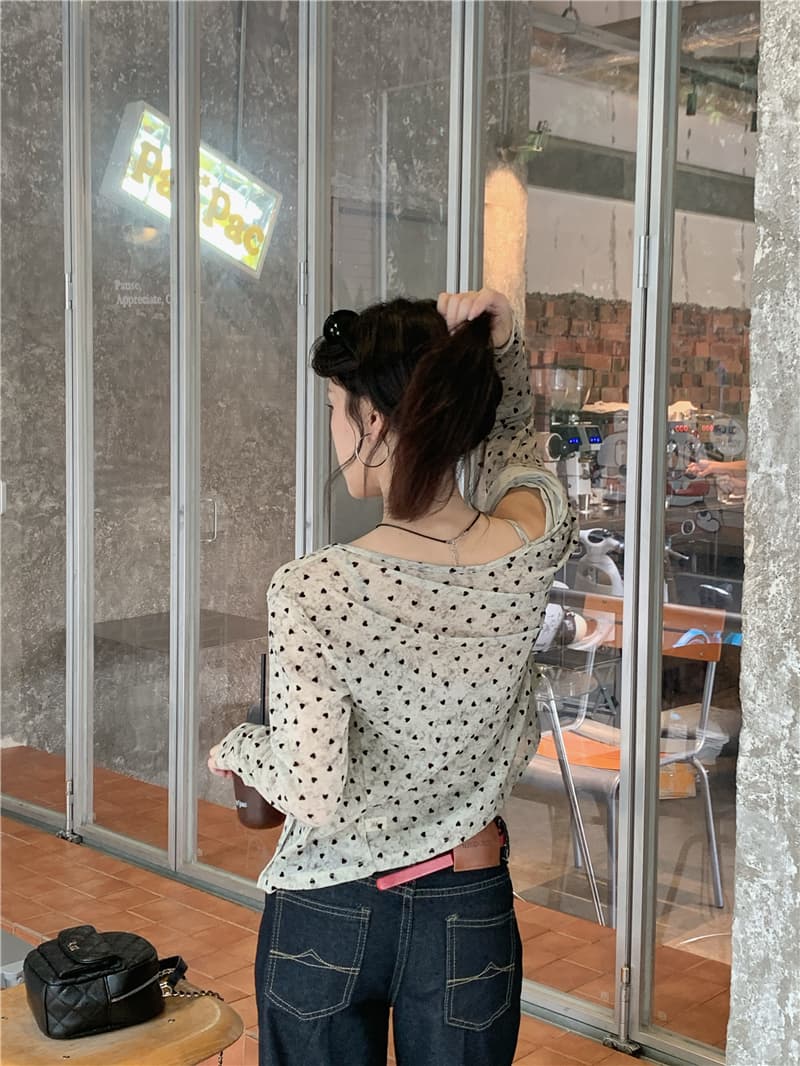 실사 도트 무늬 하트 긴팔 오픈 가디건 여성 레이스 조각 캐미솔 슬림해 보이는 투피스 세트 세트 상세 이미지 4