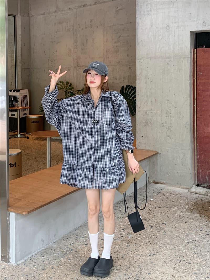 실사 정가 한국 스타일 루즈핏 다용도 프릴 중간 길이 체크무늬 셔츠 드레스 상세 이미지 5