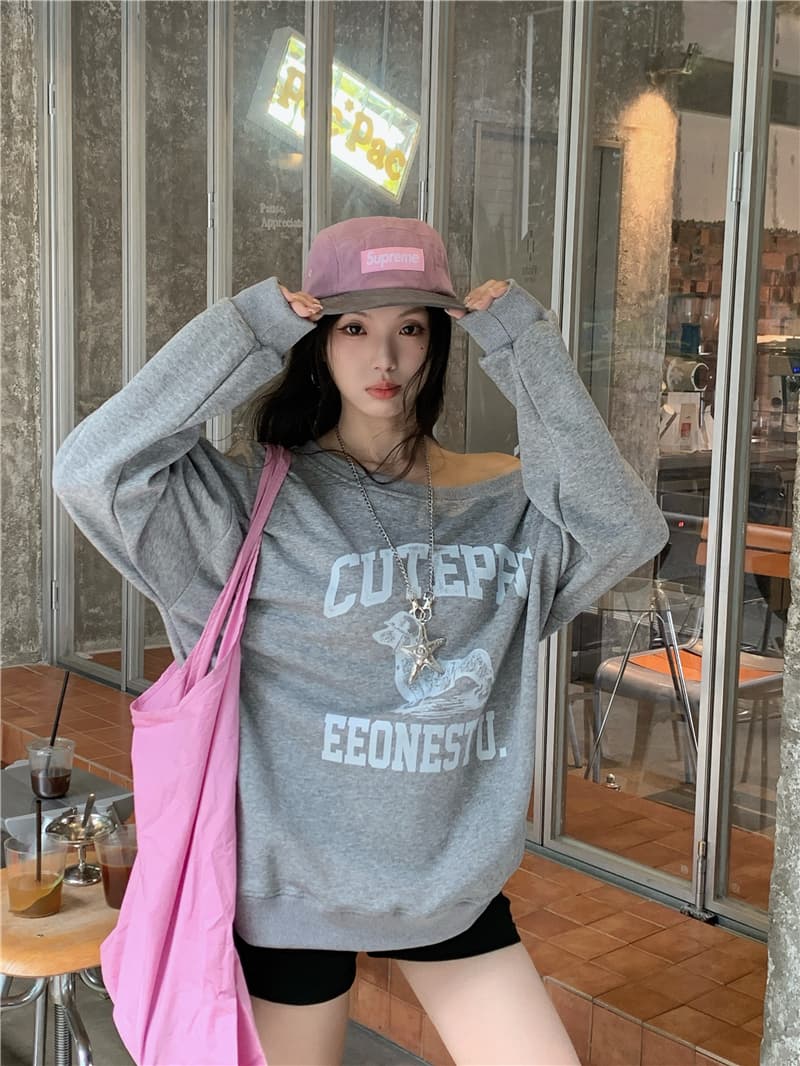 실사 한국 스타일 루즈핏 다용도 알파벳 프린트 비스듬한 어깨 오프숄더 후드티 상세 이미지 11
