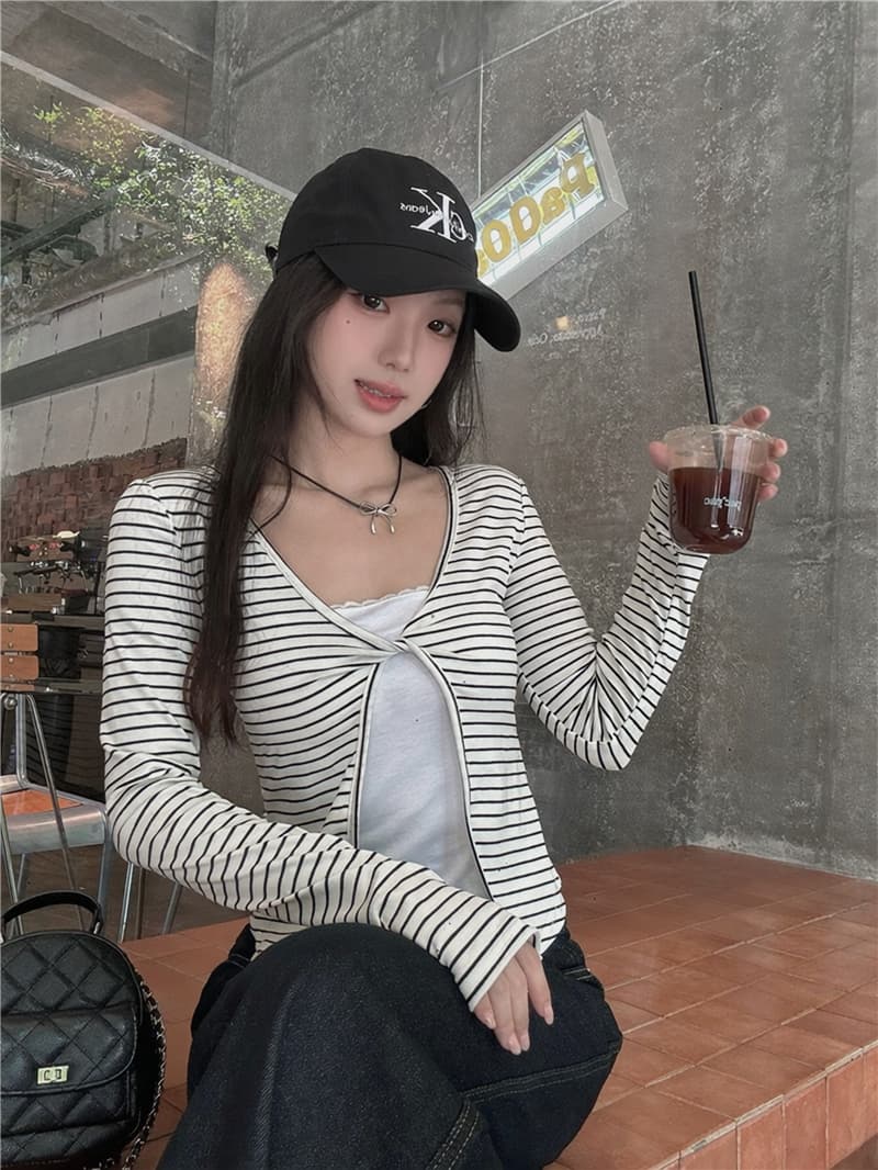 실사 가을 새로운 한 부서 캐주얼 다용도 페이크 레이어드 스트라이프 긴팔 티셔츠 상세 이미지 7