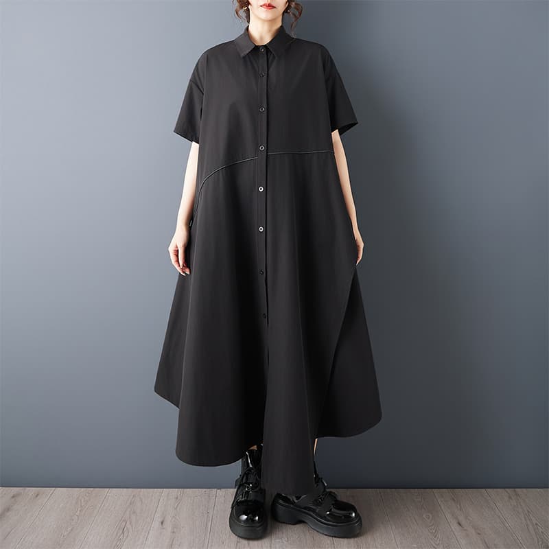 실사 2026 여름 드레스 새로운 다크 바람이 아닙니다. 규칙 자르기 드레스 패션 루즈핏 슬림해 보이는 캐주얼 셔츠 드레스 이미지 3
